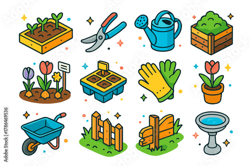 Spring Garden Icons. Seasonal garden awakening. Colorful isometric vector icons set of Seasonal garden awakening: garden bed sprouts, pruning shears, watering