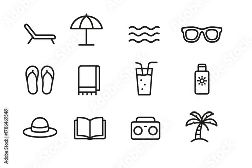Poolside Relaxation Icons. Relaxing by the Pool. Line icon set of Relaxing by the Pool: sun lounger, umbrella, pool water ripples, sunglasses, towel, flip