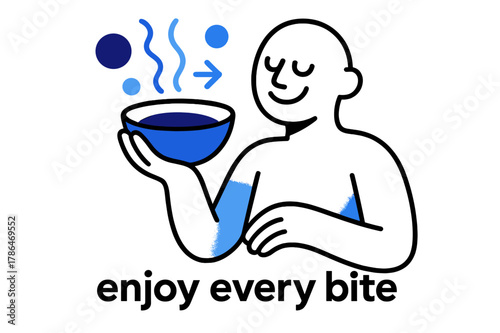 Mindful Joyful Meal. Mindful Eating ? Joyful Meal. Smiling minimalist figure with bowl in hand; floating shapes symbolize aroma and warmth. Caption ?enjoy