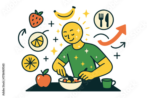 Dynamic Breakfast Prep. Healthy breakfast. A glowing character preparing a nutritious meal with floating icons