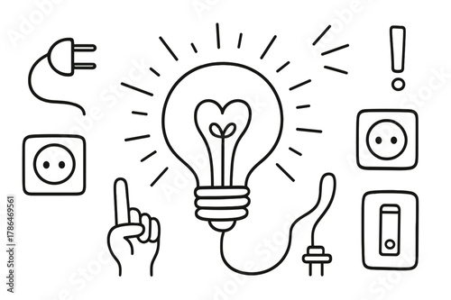 Creative Light Bulb Icons. Light bulb. Hand-drawn doodle illustration light bulb glowing bulb, filament, idea symbol, spark lines, plug, switch, socket, wire,