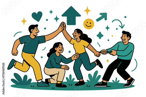 Outdoor Team-Building Art. Digital detox for employees. Team engaging in outdoor team-building activities with abstract floating arrows, icons, and sparkles;