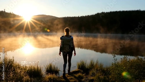 Female hiker walking toward mist‑veiled lake at dawn, golden sunlight glowing through forest canopy