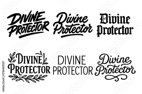 Diverse Lettering Styles. Divine Protector. Set lettering. harmonious lettering variations of the same emblematic concept (Dynamic brushstroke graffiti