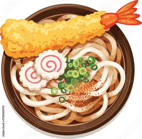Delicious Udon Noodle Soup with Shrimp Tempura Narutomaki and Green Onions Illustration