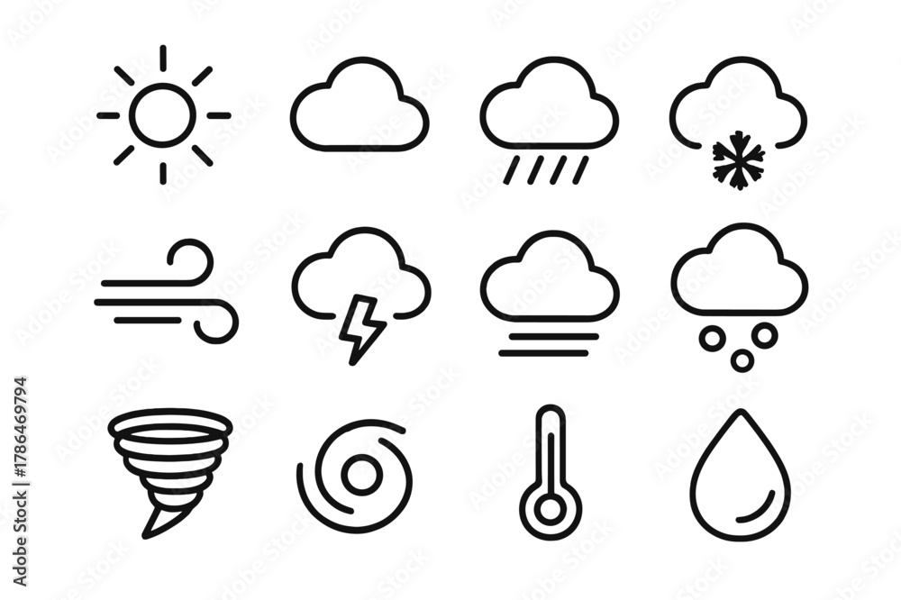 Fototapeta premium Minimal Weather Icons. Weather. Line icon set of Weather: sun, cloud, rain, snow, wind, storm, fog, hail, tornado, hurricane, temperature, humidity. All
