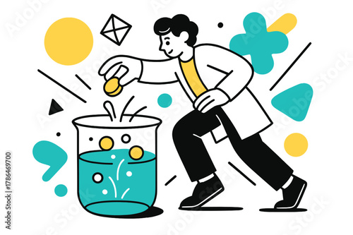 Dynamic Catalyst Experiment. Catalyst. Person dropping a catalyst into a solution with floating abstract geometric shapes and glowing accents, experimental and