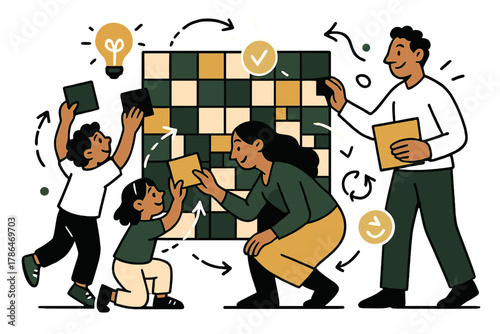 Collaborative Art Creation. Interactive art wall. Children and adults attaching colorful tiles to a community