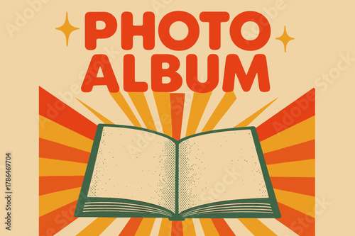 Retro Photo Album Art. Retro Poster ? "Photo Album" in bold rounded font, centered layout with halftone photo textures and radiating page-turn lines, textured