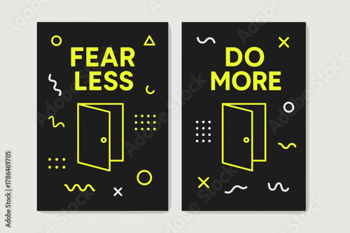 Fear Less, Do More. Limitless. Two vertical A6 banners with safe margins, centered composition, no elements touching edges, memphis, charcoal and neon yellow,