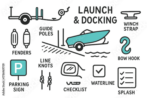 Boat Launch Doodles. // Launch & docking. Hand-drawn doodle illustration Launch & docking [trailer (accented), boat ramp (accented), winch strap, bow hook