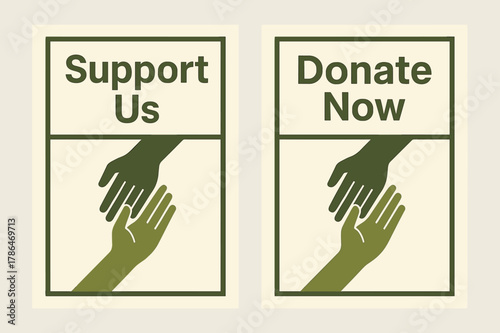 Support Banners Design. Supporters. Two vertical A6 banners with safe margins, centered composition, no elements touching edges, geometric, olive green and