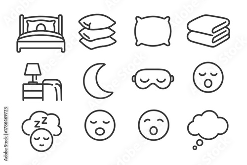 Pillow Dream Icons. Soft, Fluffy Pillows Surrounding Someone in Bed. Line icon set of Soft, Fluffy Pillows Surrounding Someone in Bed: bed frame, headboard,