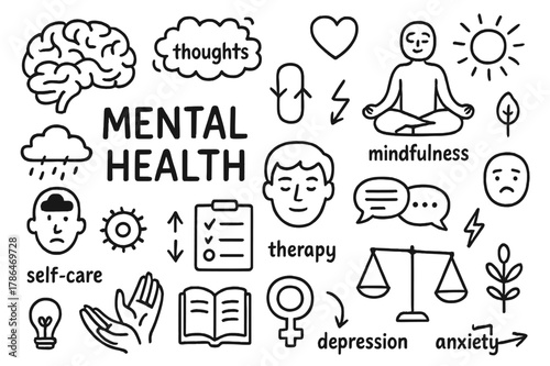 Mental Health Doodles. Mental health. Hand-drawn doodle illustration Mental health [brain, thoughts, emotions, mindfulness, meditation, self-care, therapy,