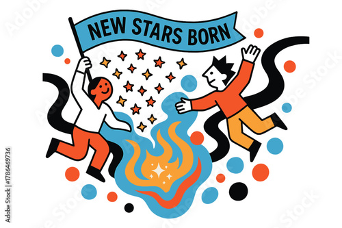 Stellar Cradle Celebration. Cosmic Birth Announcement. Tiny star icons pop like confetti from a glowing cradle of gas; a banner reads ?New Stars Born.? Dust