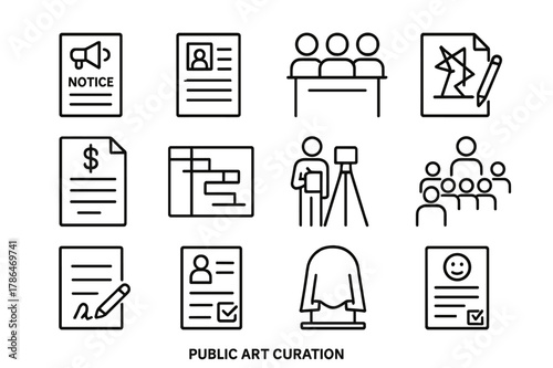 Public Art Icons. Public Art Curation. Line icon set of Public Art Curation: open call notice, artist portfolio, selection jury, proposal sketch, budget sheet,