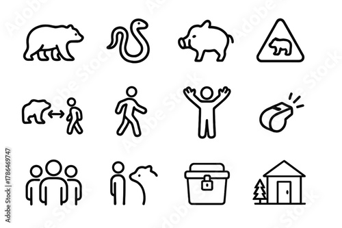 Wildlife Safety Icons. Wild Animal Encounter. Line icon set of Wild Animal Encounter: bear silhouette, snake, boar, warning sign, safe distance line, back away