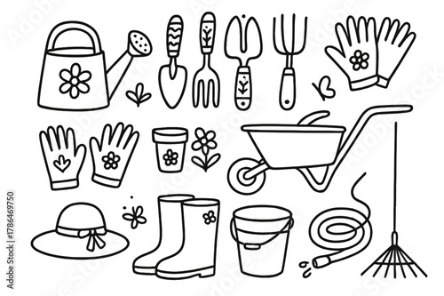 Decorative Gardening Tools. Using decorative gardening tools for outdoor plant care. Hand-drawn doodle illustration decorative gardening tools watering can,