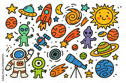 Colorful Space Doodle. Space. Colorful Hand-drawn doodle Children illustration Space planets, stars, rockets, astronauts, aliens, galaxies, comets, meteors,