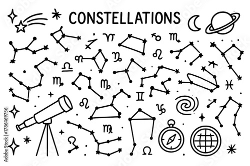 Cosmic Doodle Elements. Constellations. Hand-drawn doodle illustration constellations star dots, connecting lines, telescope, compass, night sky, zodiac