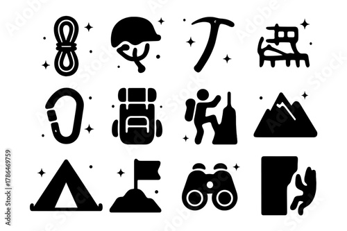 Climbing Gear Icons. Climbing Gear. Solid icons set of Climbing Gear: rope, helmet, ice axe, crampons, carabiner, backpack, climber, mountain, tent, flag,