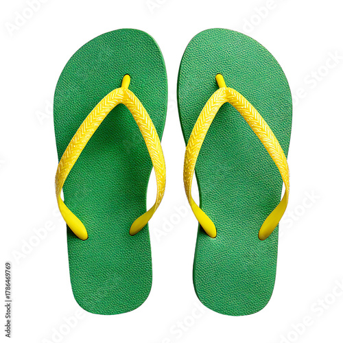 Green and yellow flip flops isolated on transparent background