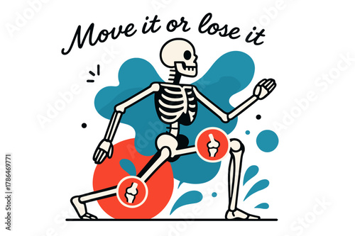 Graceful Skeleton Stretch. Bone & Joint Health. A stylized skeleton frame moves gracefully through a lunge; floating icons highlight knees and hips. Text ?Move
