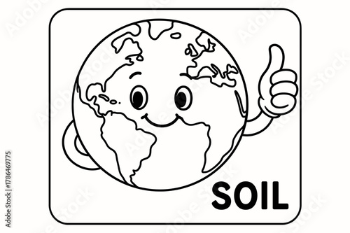 Smiling Earth Coloring Page. Soil children?s coloring book illustration, outlined drawing, a smiling earth with a green thumb, educational design for kids,