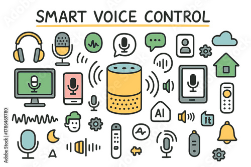 Smart Voice Control Icons. Smart voice control. Hand-drawn doodle illustration smart speaker (colored), microphone (colored), headphones (colored), smartphone