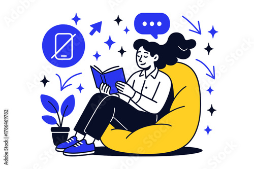 Digital Detox Escape. Digital detox for employees. Employee reading book in quiet corner with abstract floating icons, arrows, and sparkles; emphasizes focus,