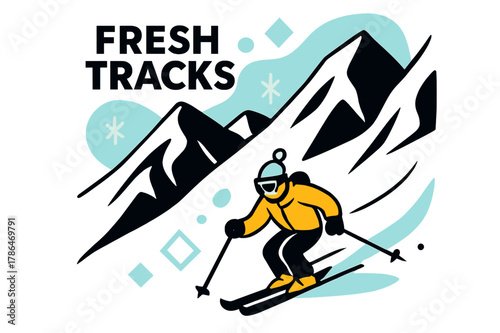 Lone Skier Descent. Backcountry Descent. A lone skier drops into untouched powder, tiny against bold ridgelines. ?Fresh Tracks? floats beside