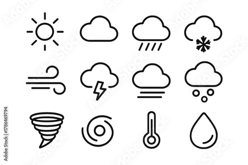 Minimal Weather Icons. Weather. Line icon set of Weather: sun, cloud, rain, snow, wind, storm, fog, hail, tornado, hurricane, temperature, humidity. All