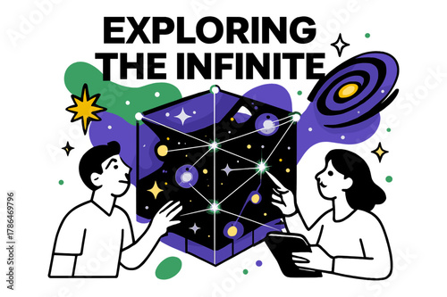 Cosmic Network Exploration. Mapping the universe and the cosmic web. A glowing 3D grid of galaxies and stars