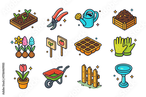 Garden Awakening Icons. Seasonal garden awakening. Colorful isometric vector icons set of Seasonal garden awakening: garden bed sprouts, pruning shears,