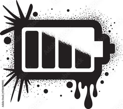 Graffiti Battery Icon Black and White Urban Energy Symbol with Splatter Effects and Medium Charge Level