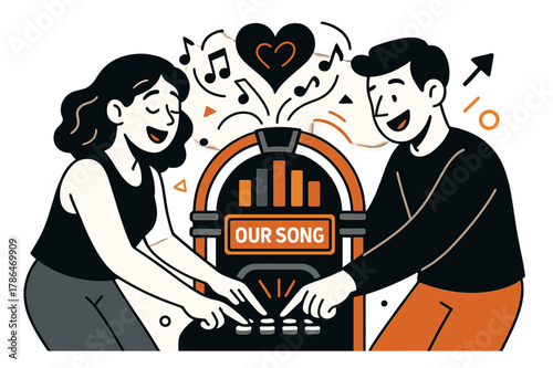 Jukebox Duet Harmony. Jukebox duet. They press chrome buttons together as colorful track bars rise; notes swirl into a shared heart. ?Our song? scrolls on the