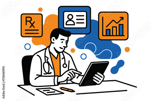 Tech-Savvy Doctor's Workflow. Clinical workflow. A doctor uses a tablet on a desk with floating abstract icons
