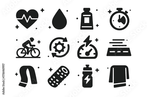 Beach Cycling Icons. Fitness cycling by the beach. Solid icons set of Fitness cycling by the beach: heart rate monitor, sweat drop, energy gel, interval timer,