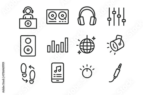DJ Line Icon Set. DJ and Dancefloor. Line icon set of DJ and Dancefloor: DJ booth, turntables, headphones, mixer sliders, speaker, equalizer bars, disco ball,