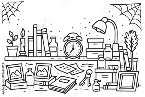 Cluttered Shelf Doodles. Cluttered Shelf. Hand-drawn doodle illustration Cluttered Shelf books, jars, candle, picture frames, boxes, lamp, dust, cobwebs,