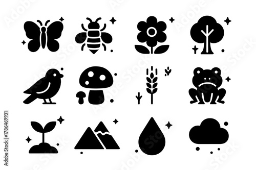 Biodiversity Icon Set. Biodiversity Farming. Solid icons set of Biodiversity Farming: butterfly, bee, flower, tree, bird, mushroom, wheat stalk, frog, plant