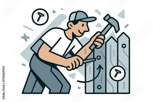 Fence Repairing Scene. Fence repair. Person using hammer and nails to fix wooden fence; geometric boards and