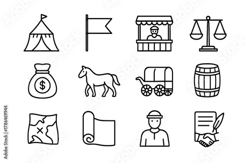 Medieval Trade Fair Icons. Medieval trade fairs. Line icon set of medieval trade fairs: tent, flag, merchant booth, scales, coin bag, horse, wagon, barrel,