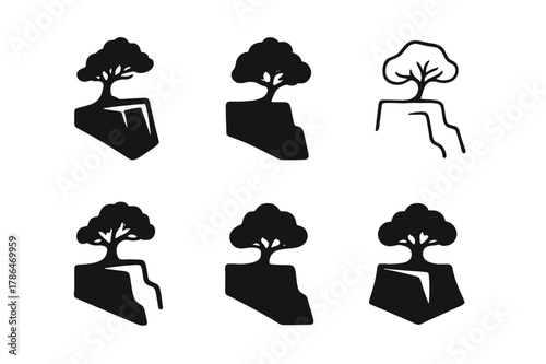 Canyon Silhouette Logos. Canyon rim. Set Logo of Canyon rim: lone juniper silhouette. harmonious logo variations of the same emblematic concept, each with