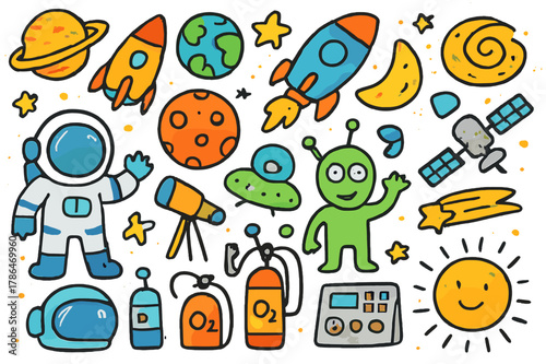 Space Doodle Extravaganza. Space. Colorful Hand-drawn doodle Children illustration Space planets, rockets, astronauts, aliens, stars, moons, suns, galaxies,