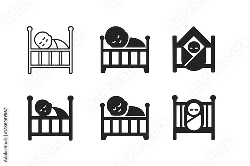 Harmonious Infant Logos. Baby in crib. Set Logo of Baby in crib: sleeping infant under blanket. harmonious logo variations of the same emblematic concept, each