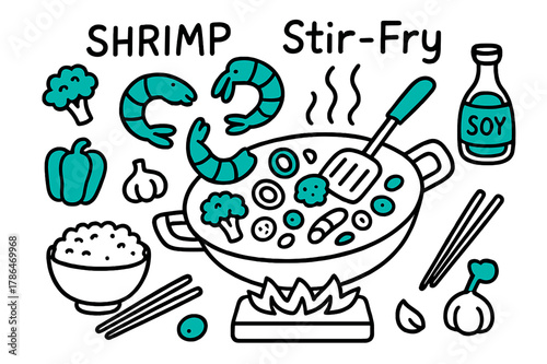 Shrimp Stir-Fry Illustration. // Shrimp stir-fry. Hand-drawn doodle illustration Shrimp stir-fry [shrimp (accented), wok pan (accented), spatula (accented),