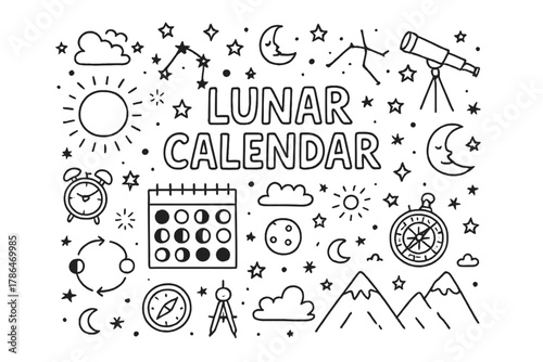 Lunar Calendar Doodle. Lunar calendar. Hand-drawn doodle illustration of lunar calendar. moon icons, calendar