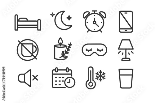 Sleep Hygiene Icons. Sleep Hygiene. Line icon set of Sleep Hygiene: bed, moon, alarm clock, phone off, no caffeine, lavender candle, sleep mask, dim light,