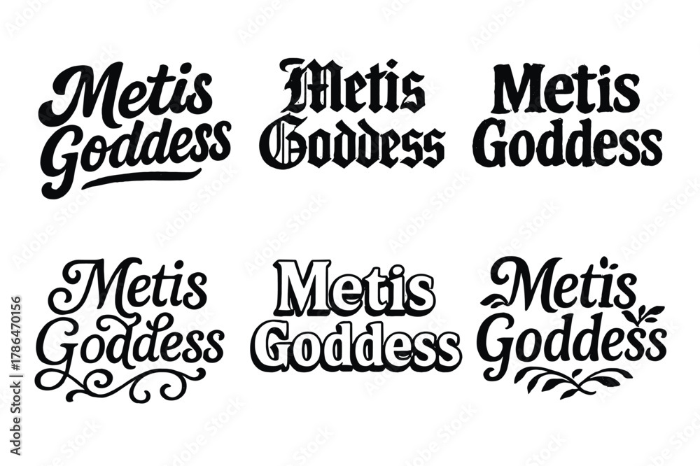 Fototapeta premium Metis Lettering Variations. Metis Goddess. Set lettering. harmonious lettering variations of the same emblematic concept (Bold hand-lettering with playful